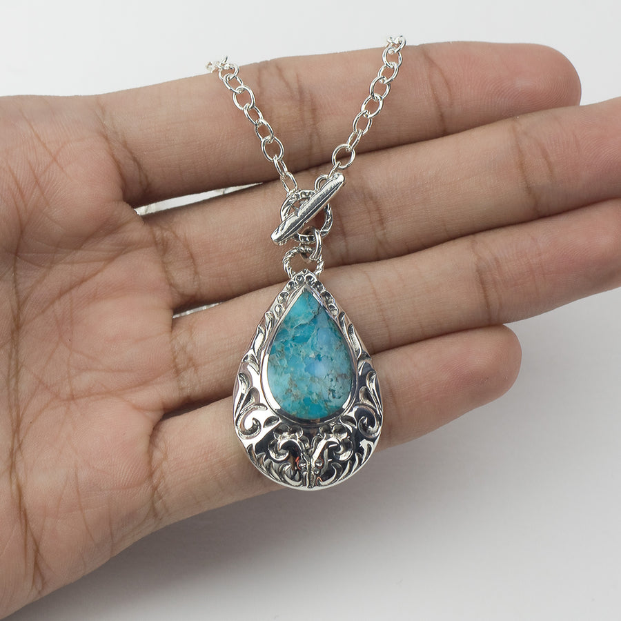 Ornate Byzantine Teardrop Necklace with Genuine Turquoise Stone (N 973TQ)